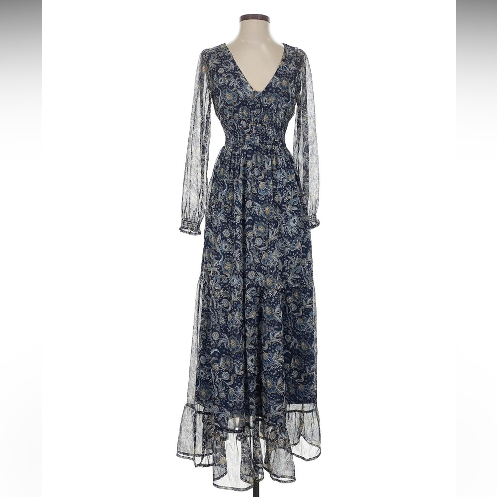 Patrons of Peace blue floral maxi dress float long sleeves v-neck size small